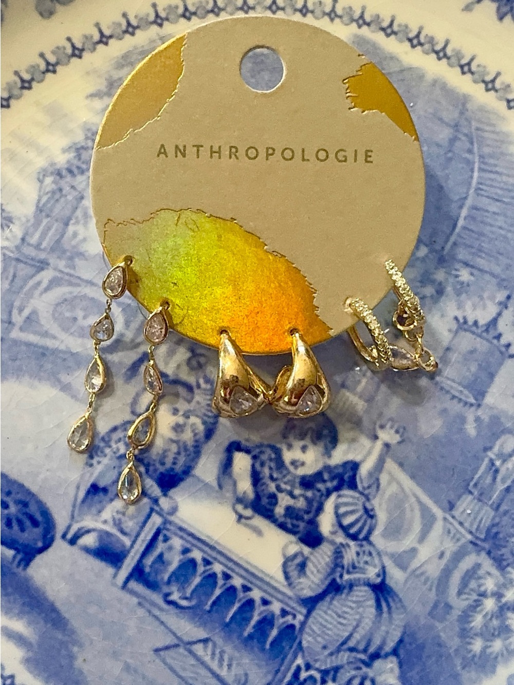 NWT Anthropologie Crystal Droplet Gold Earrings gold plated set of 3